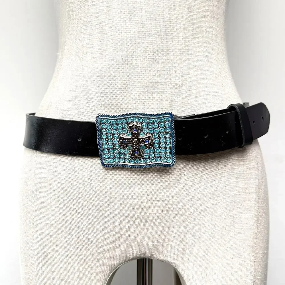 Vintage Express Leather Belt Rhinestone Cross Buckle Y2K Whimsygoth L